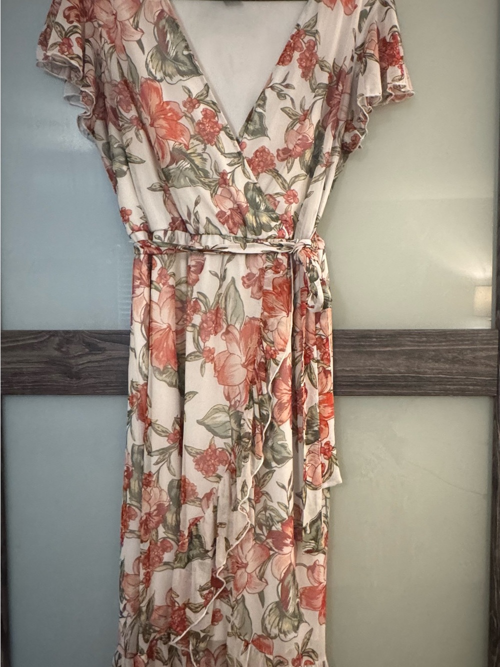 Floral Wrap Maxi Dress in Coral and Sage Green
